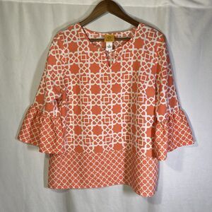 RUBY RD orange white geometric 3/4 flared sleeve woven keyhole top 12